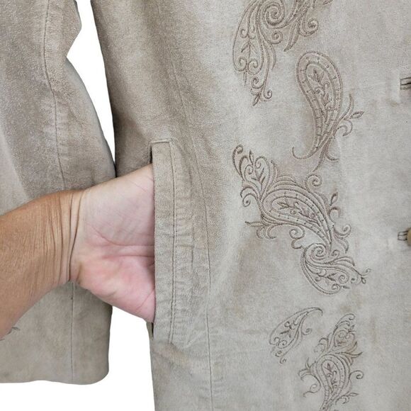 Vtg 90's Jacket Leather Embroidered Country Rodeo Shacket Neutral Tan Sz M - Picture 4 of 11